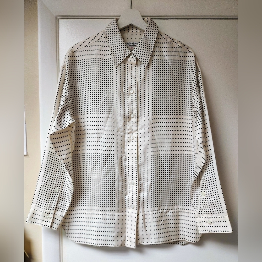 YVES SAINT LAURENT VINTAGE BLACK AND WHITE CUBES ASYMMETRICAL CUT SHIRT SIZE 12